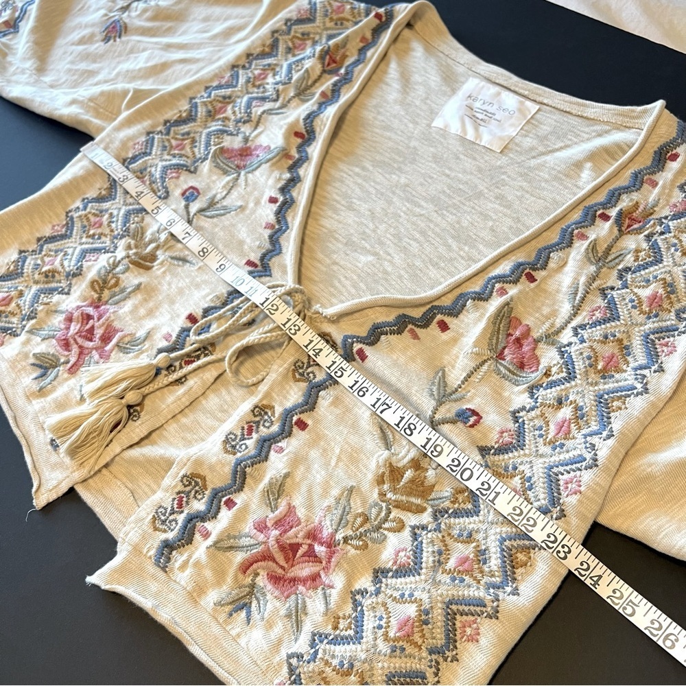 Karyn SEO Embroidered Beige kimono Cardigan Sweater, asymmetric oversized size S - Picture 9 of 15